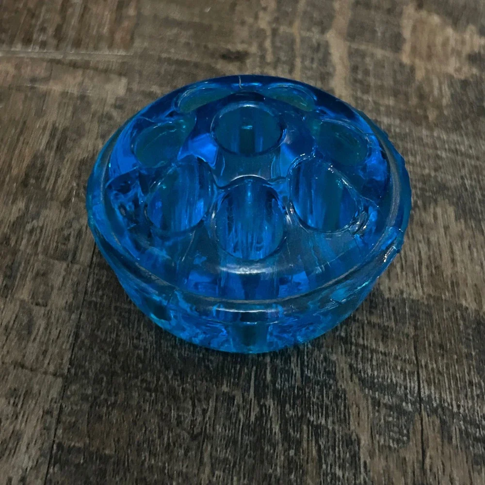 Vintage rare Blue Glass Flower Frog 9 Hole Round Floral Arranger 3 Inch MCM